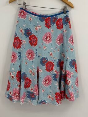 Boden Floral Linen Midi Skirt | Blue Multi | Size 4